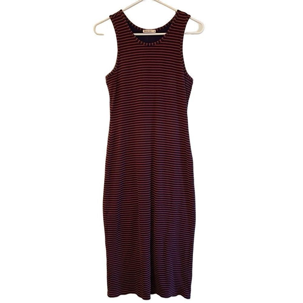 Marine Layer Dress Womens M Lexi Rib Midi Tank Bodycon Stretchy Navy Red Stripe